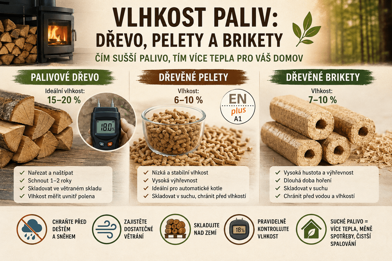 Vlhkost palivového dřeva, pelet a briket: proč je důležitá a jak ovlivňuje vytápění
